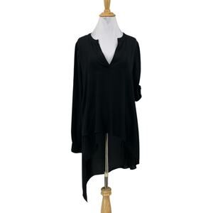BCBGMaxazria Tunic Womens S Small Black Mazie Asymmetrical Tulip High Low Blouse